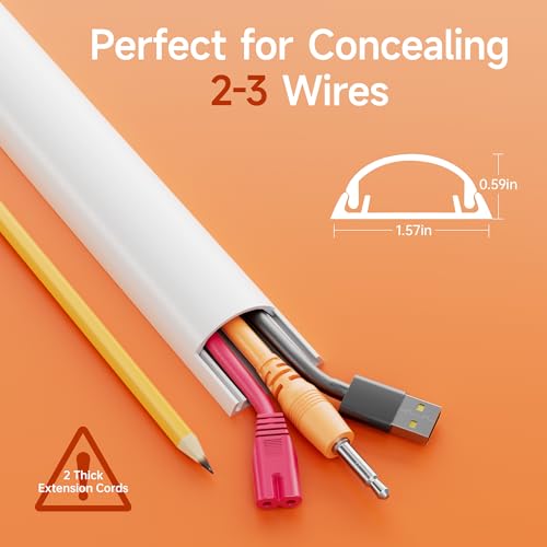 Delamu 85in Adhesive Cord Hider Wall, Mounted TV Cord Cover Kit, Multiple Cable Raceways for Wall Corner, Wire Cover Hiders for 2-3 Cables, 1.57" W X 0.59" H, White - color: White, size: 85in L X 1.57in W X 0.59in H