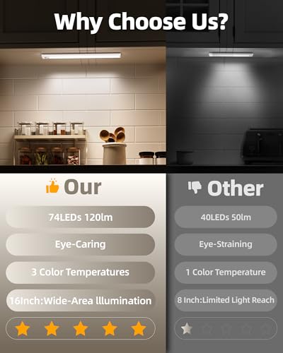 6Pack 16inch Under Cabinet Lighting, Rechargeable Motion Sensor Light Wireless Indoor, Dimmable 3 Color Temps Closet Lights with Remote, Under Counter LED Lights for Kitchen, Stairs - size: 16inch