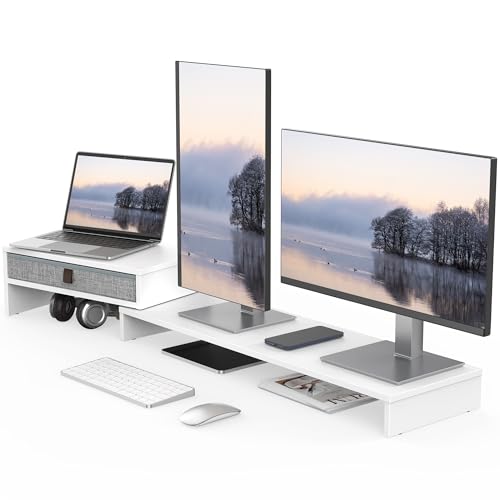 Fenge Triple Monitor Stand with Srorage Drawer, Adjustable Length and Angle | Computer Monitor Riser for 2 or 3 Monitors, Wooden Desktop Laptop Stand, Office Organizer for PC, Screen, Tablet, White - color: White