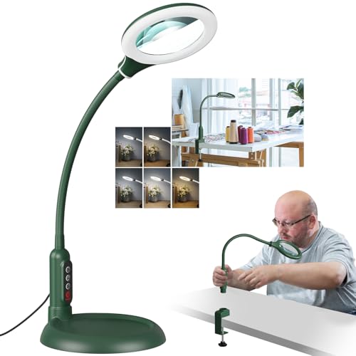 12X Magnifying Glass with Light and Stand, Real Glass, LED 5 Color Modes, Brightness Stepless Dimming Lighted Magnifier Hands Free, Flexible Gooseneck Desk Lamp with Clamp for Close Work, Craft, Green - color: Green