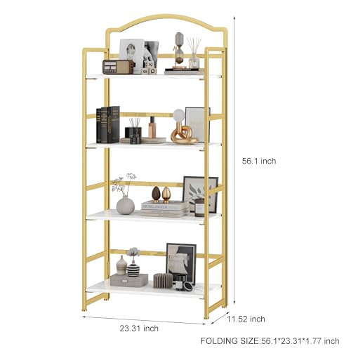 JSB 4 Tier No Assembly Folding Bookshelf, Arched Bookshelf, Foldable Bookcase for Living Room, Bedroom, Office,Skinny Bookshelf (White and Gold) - color: White and Gold, size: 4-Tier