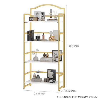 JSB 4 Tier No Assembly Folding Bookshelf, Arched Bookshelf, Foldable Bookcase for Living Room, Bedroom, Office,Skinny Bookshelf (White and Gold) - color: White and Gold, size: 4-Tier