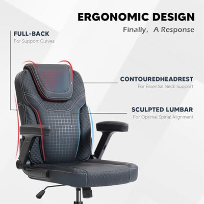 SEATZONE Black Office Chair Ergonomic Desk Chair with Lumbar Support, Flip-Up Arms, Adjustable Swivel Computer Chair with Wheels, PU Leather Executive Task Chair for Home Office Small Space - color: Black