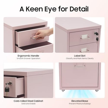 3-Drawer Metal File Cabinet, Mobile File Cabinet with Lock, Rolling Vertical Filing Drawers Under Desk for Home Office, 11 * 16 * 18.3in (Light Pink) - color: Light Pink