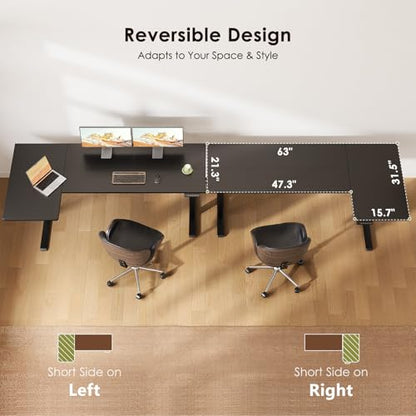OffiGo 63" Reversible L Shaped Electric Standing Desk, Carbon Fiber Black - color: Carbon Fiber Black, size: 63 Inch
