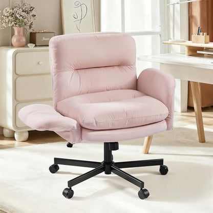 Bestier Velvet Vanity Chair with Flip-Up Arms, Swivel Makeup Chair Pink | Comfy Cross-Legged Computer Chair with Wheels 2 Side Pockets for Home Office Gaming, Bedroom - color: Pink Velvet, size: Low Back