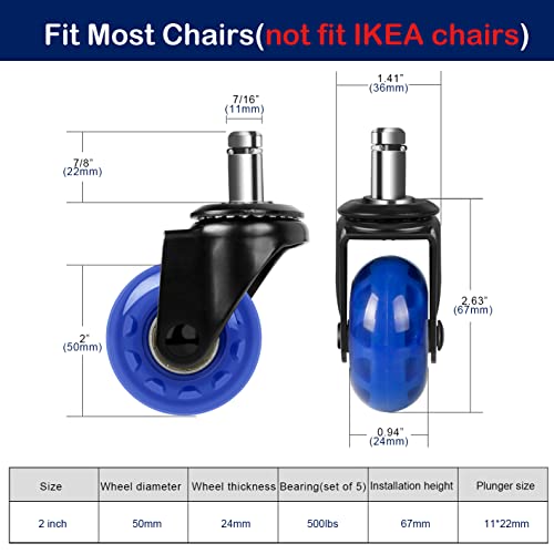 Hirate 2 inch Office Chair Caster Durable PU Wheel Replacement Set of 5 Blue - color: Blue, size: 2 inch