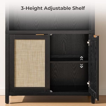 SICOTAS 84.2" Tall Arched Bookcase with Doors - 5 Tier Rattan Bookshelf - color: Black Oak, size: 2 Pieces