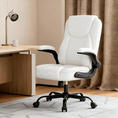 GTPLAYER PU Leather Office Chair, Home Desk Chair with Flip-up Arms, White | Ergonomic Back, Memory Foam Cushion, Comfy Executive Chair for Home Office Gaming, Flexible Rocking, Heavy Duty Chairs - color: White