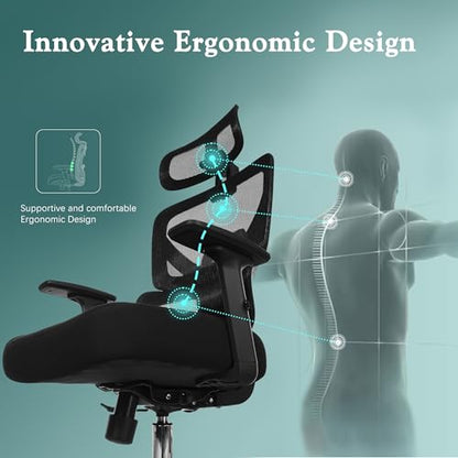 VECELO High Back Ergonomic Office Chair, Big and Tall Mesh Desk Chair with Wheels, Tilt Function, 3D Headrest, Lumbar Support, Swivel Rolling Computer Chair for Task, Home Office, Black