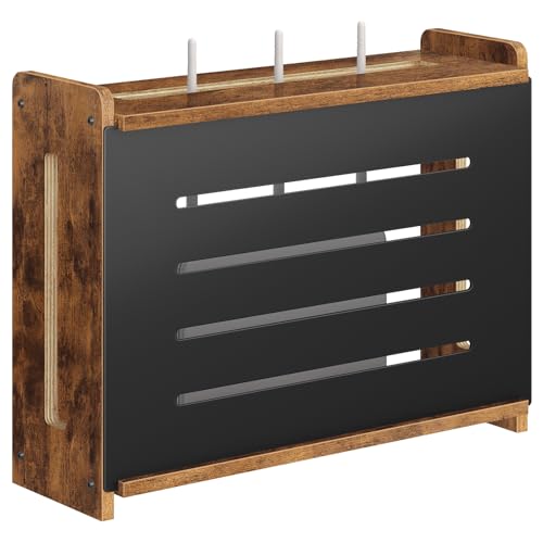 Wooden WiFi Router Box Hider, Wall Mount Router Shelf | Decorative Modem & Power Strip Storage Cabinet with Metal Frame, Internet Cable Management Organizer, Rustic Brown