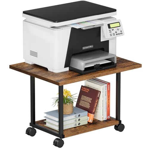 Asgolion Printer Table, 2-Tier Under Desk Printer Stand, Printer Cart - color: Rustic Brown, size: Standard without Charger