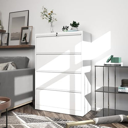 4 Drawer File Cabinet with Lock, Metal Lateral Filing Cabinets - color: White, size: 4 Drawer_ 35"W