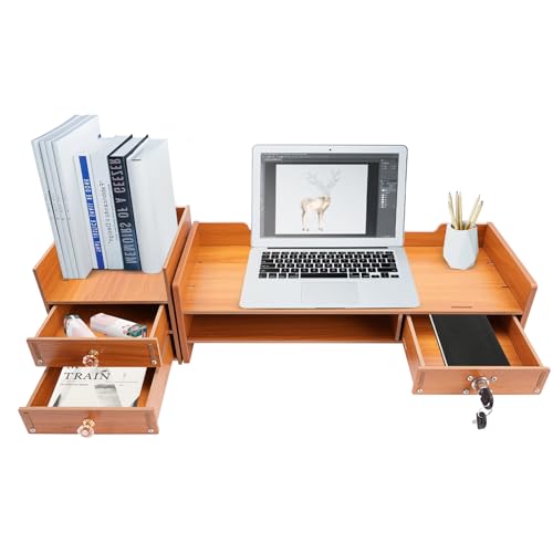Computer Monitor Stand, 2 Tiers Vintage Wooden Monitor Stand Riser, Durable Desktop Computer Organizer Shelf with Phone Holder& Lockable Drawers for Laptop, PC, Office Supplies Wood Monitor Stand with Drawer