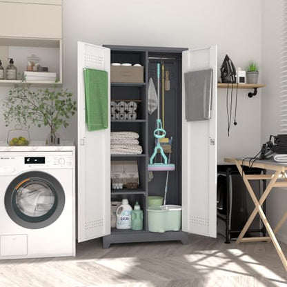Metal Storage Cabinets with Doors and Shelves,Tall Broom Closet Storage Cabinet with Pegboard,Utility Tool Cabinets,Steel Locking Cabinets for Home Office,Basement,Laundry,Grey-White - size: 72"H x 31.5"W x 15.74"D-Grey/white