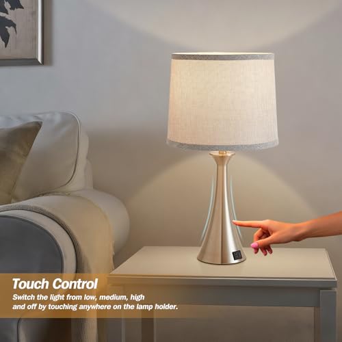 Touch Table Lamps Set of 2, 21" Bedside Lamps with USB C+A, Silver | 3 Way Dimmable Nightstand Lamps with Linen Shades, 2 LED Bulbs Included, Touch Lamp for Living Room, Bedroom and End Tables - color: Silver 2pcs