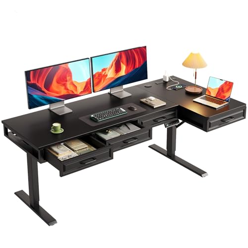63 Inch L Shaped Standing Desk with 4 Wooden Drawers, Black | Reversible Corner Table, Office Table With 4 Wooden Drawers and Outlets For Home Office, Computer Workstation, Sit Stand Use - color: Black, size: 63 Inch