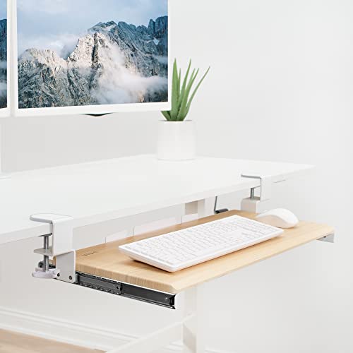 VIVO Light Wood Large 27 x 11 in Under Desk Keyboard Tray, MOUNT-KB05A | Keyboard Tray for Typing, Slide Out Platform, Extra Sturdy C-Clamp Mount System, Computer Drawer, White Frame - color: Light Wood, size: 27 inch