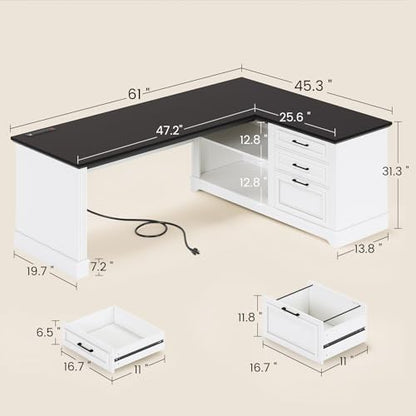 SEDETA Farmhouse 61" Executive L Shaped Desk with Drawers for Home Office - color: White and Black, size: L Shaped Desk
