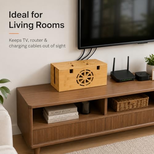 Bamboo Extra Large Cable Management Box, 15.7 x 6.7 x 6.7in | Cable Management Box - Large Bamboo Cord Organizer for Desk and Home Office - Power Strip Hider with Ventilation