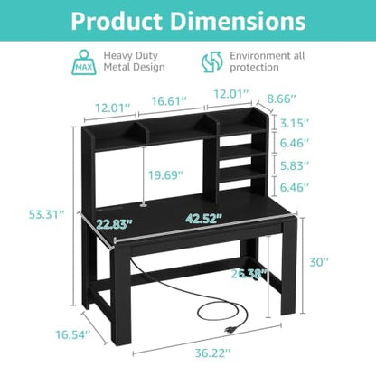 WINAZ 43" Black Gaming Desk with Hutch and Built-in Power Outlet | Modern Computer Desk with 3-Tier Storage Shelves and Hutch, Space-Saving Writing Table for Home Office - color: Black