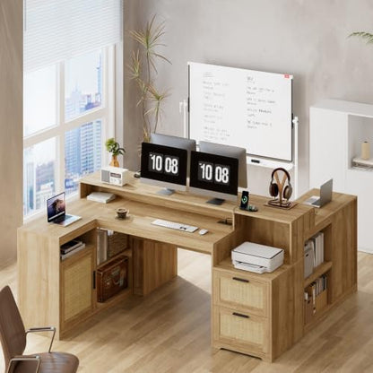 TVU Farmhouse L Shaped Desk with Drawers, 62.2" Home Office Desk with Storage Shelves and Power Outlet, L Shaped Computer Desk with Monitor Stand and Printer Shelf, Oak/Rattan - color: Oak/Rattan