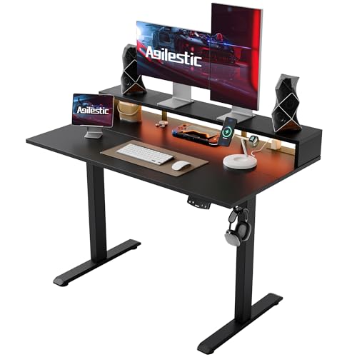 Agilestic 48x24 Inch Electric Standing Desk with Shelf, Height Adjustable Desk with Power Outlets & LED, Sit Stand Up Table with Monitor Stand, Computer Workstation, Black - color: Led-black, size: 48 x 24 Inches with led and power strips