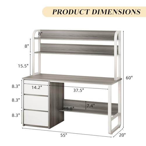 MaverickFurni 55 Inch Computer Desk with Hutch and 3 Drawers, Gray - color: Grey, size: 55"W