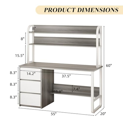 MaverickFurni 55 Inch Computer Desk with Hutch and 3 Drawers, Gray - color: Grey, size: 55"W