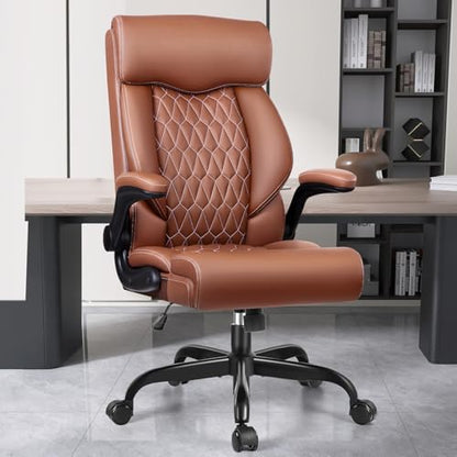High Back Executive Office Chair - Ergonomic Computer Desk with Rocking Function, Leather Managerial with Adjustable Flip-Up Armrests and Lumbar Support - color: Brown, style: Without Footrest