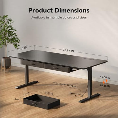 HLDIRECT 71" Electric Standing Desk with Power Outlets & 2 Drawers, Black | 31.5" Extra Wide Desktop Up to 176lb, 28"–46" Height Range & 3 Memory Presets, Integrated Cable Management, Quick Assembly - color: Black, size: 71 inch