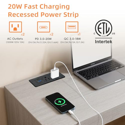 2Pack Recessed Power Strip, 20W USB-C Furniture Outlet, Black, 6FT | 2 AC + 3 USB (2 USB-C, 1 USB-A), Flush Mount, Space-Saving, Easy Install, For Desk, Bedside, Drawer, Conference Table - color: Black-2Pack, size: 6 FT