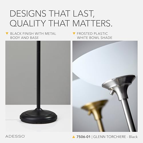 Adesso Dual-Socket Floor Lamp, Black & Frosted White, 3-Way, 71” - color: Black