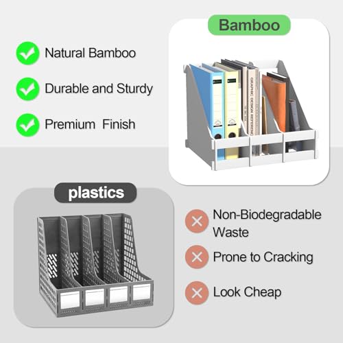 Bamboo Desk File Organizer, 3-Compartment Magazine Holder(White) | 3 vertical compartments organize files, folders, magazines and mail while saving valuable desk space. - color: White
