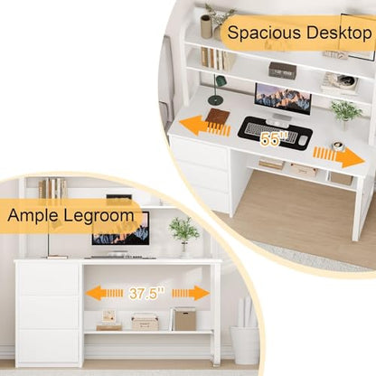 MaverickFurni 55 Inch White Computer Desk with Hutch and 3 Drawers - color: White, size: 55"W