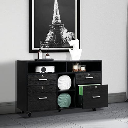 VINGLI Wood Mobile File Cabinet with 4 Drawers and Shelves, Printer Stand with Open Storage, Locking Lateral Filing Cabinet for Home Office, Black - color: Black