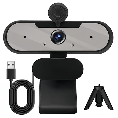 HD 1080P Webcam with Built-in Microphone and Rotatable Tripod, 1080P Video and Wide Angle Camera, Privacy Cover, for Desktop PC or Laptop Computer （Grey） - color: grey