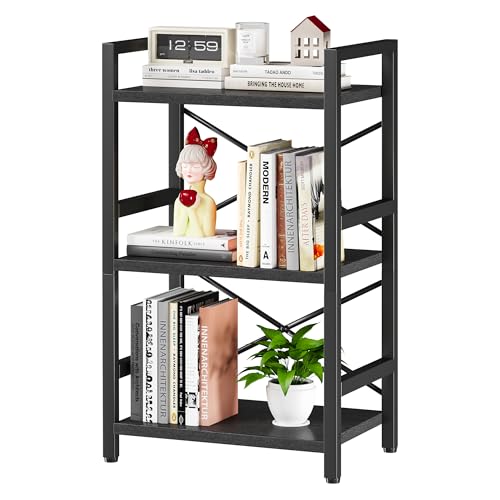 Homeiju Bookshelf, 3 Tier Industrial Bookcase, Metal Small Bookcase, Rustic Etagere Book Shelf Storage Organizer for Living Room, Bedroom, and Home Office(Black) Patent Pending D29873033 - color: Black, size: 3 Tier