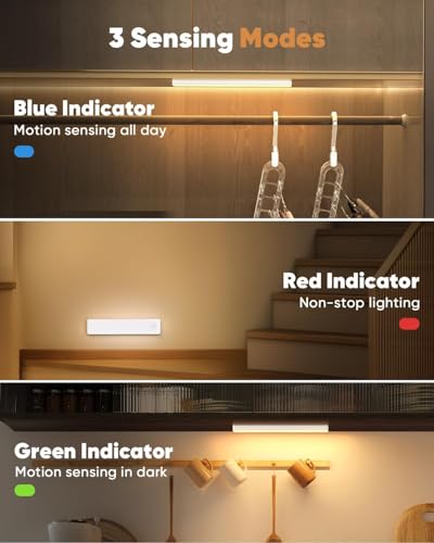 Under Cabinet Lighting, 3 Color Temperatures Motion Sensor Light Indoor 2 Pack, USB Rechargeable Battery Operated Closet Lights, Wireless Dimmable LED Cabinet Lights, Under Counter Light for Kitchen