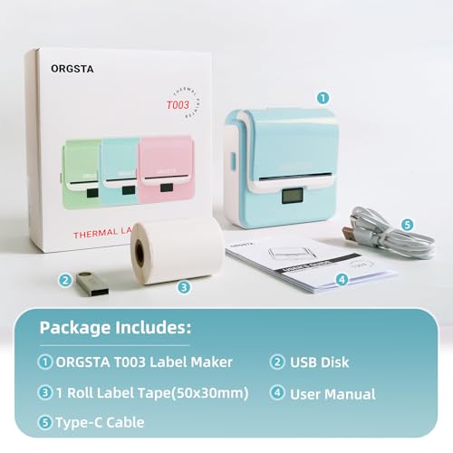 ORGSTA Label Maker with Tape, T003 Thermal Label Maker, 3.15 Inch Bluetooth Label Printer Compatible with Phone & PC, Sticker Printer Barcode Thermal Maker - Blue | Compatible with Phone & PC, Sticker Printer for Small Business, Home, School, Thermal Barc