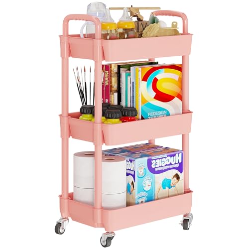 3 Tier Rolling Cart with Wheels, Utility Storage Carts,Pink - color: Pink, size: 3-Tier
