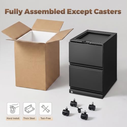 Approgreent 2 Drawer Metal File Cabinet, Fully Assembled Locking Filing Cabinet with Anti-Tipping Wheels, Quiet Slide, Heavy-Duty Steel Construction, Fits A4 Letter Legal for Home Office, Matte Black - color: 04-b Black