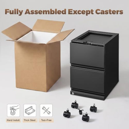 Approgreent 2 Drawer Metal File Cabinet, Fully Assembled Locking Filing Cabinet with Anti-Tipping Wheels, Quiet Slide, Heavy-Duty Steel Construction, Fits A4 Letter Legal for Home Office, Matte Black - color: 04-b Black