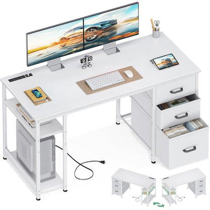 AODK 51 Inch White Computer Desk with Drawers & USB Power Outlets - color: White, size: 51 Inch