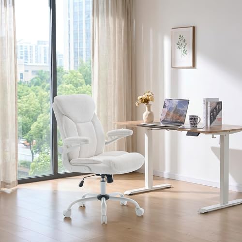 Ergonomic Home Office Chair Fabric Comfy Computer Chair, White | Flip-up Armrest, Height Adjustable, Lumbar Support, 360° Swivel Wheels Managerial Executive Chairs for Work Gaming Home Use - color: White
