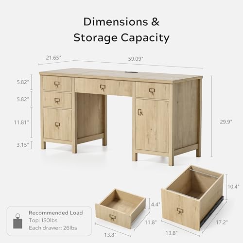 EYYTHUNG Modern Executive Desk with File Drawers Cabinet,59" Computer Desk with Charging Station, Keyboard Tray, Large Home Office Desk, Farmhouse Wood Desk for Study, Writing, Light Oak - color: Light Oak