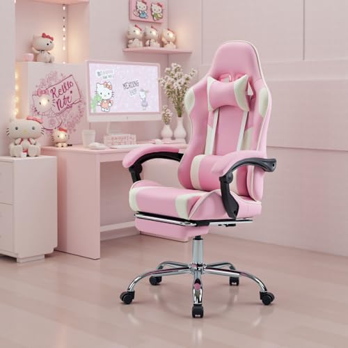 DUMOS Ergonomic Gaming Chair with Footrest, Home Office Desk Chair | PU Leather, Headrest, Linkage Armrests, Height Adjustable, 360 Swivel Reclining, White Pink - color: White Pink, size: PU Leather 27"D x 25"W x 52"H