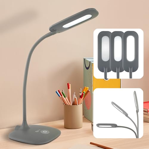 OttLite Soft Touch LED Desk Lamp, 3 Brightness Settings, Grey | Natural Daylight LEDs | Adjustable Flexible Neck 8"-18" | Touch-Activated Controls
