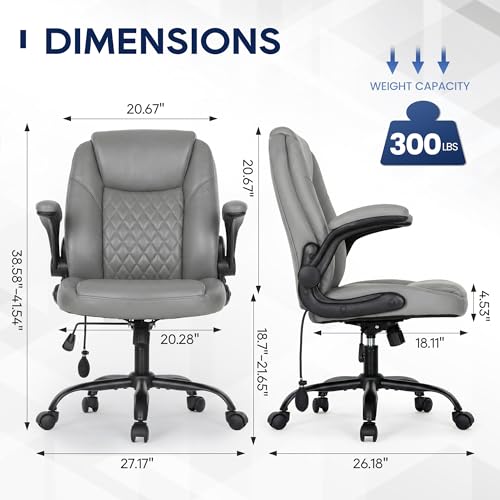 MALOL Leather Office Chair, Computer Desk Chair with Adjustable Lumbar Support, Thick Cushion, Flip-Up Arms and Ergonomic Back, Comfy Executive Office Chair for Home Office Gaming,Grey - color: Grey, size: Set of 1