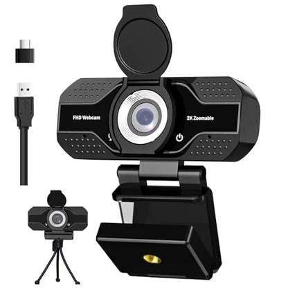 2K HD Webcam with Microphone, Noise Cancellation, Privacy Cover, Wide-Angle Lens, Auto Light Correction, Plug & Play USB Webcam for Laptop, Desktop, PC, Zoom, Skype, Stream (2K) - style: 2K